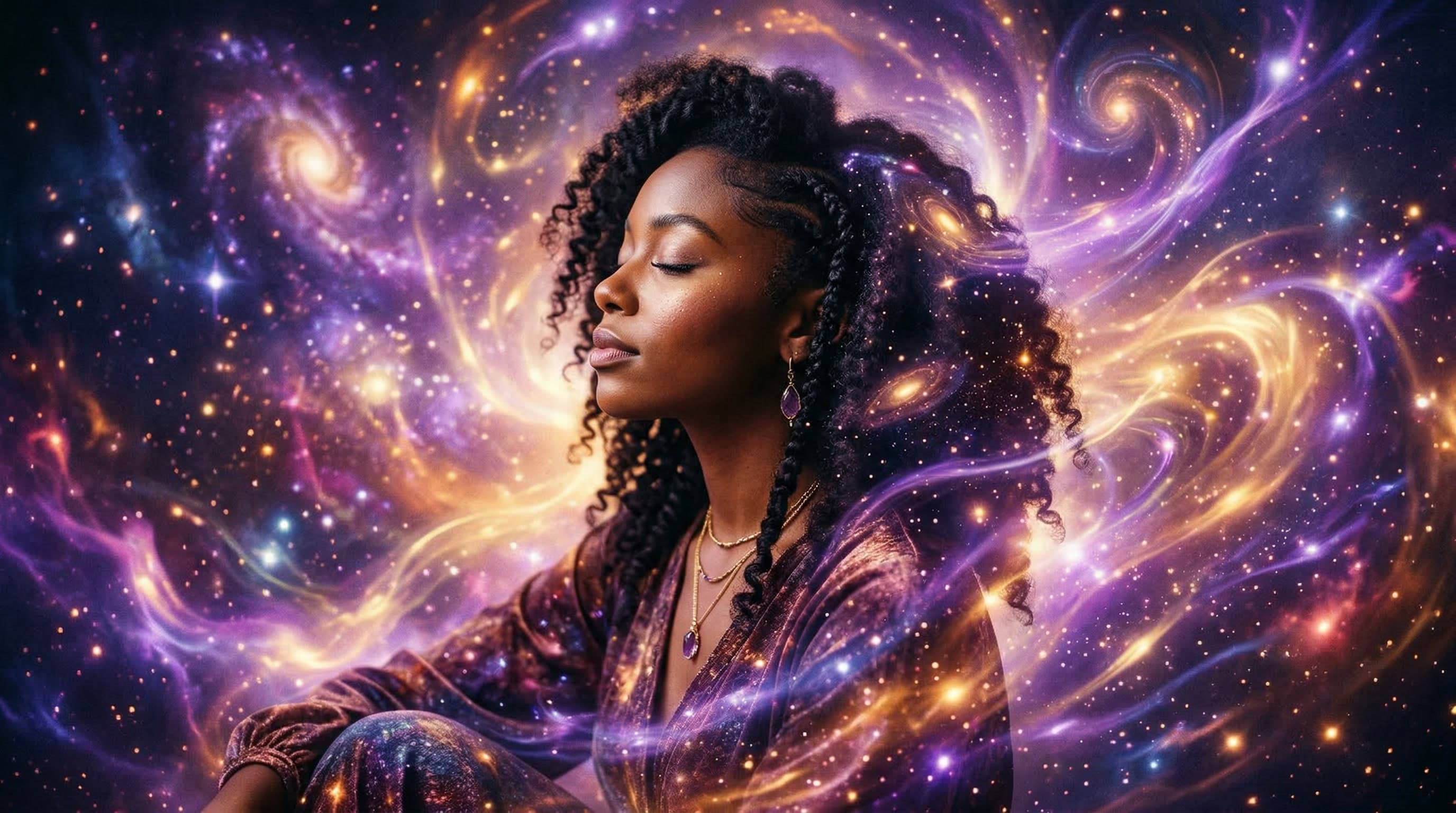Abstract cosmic light with a contemplative Black woman with natural hair—spiritual, luminous, editorial